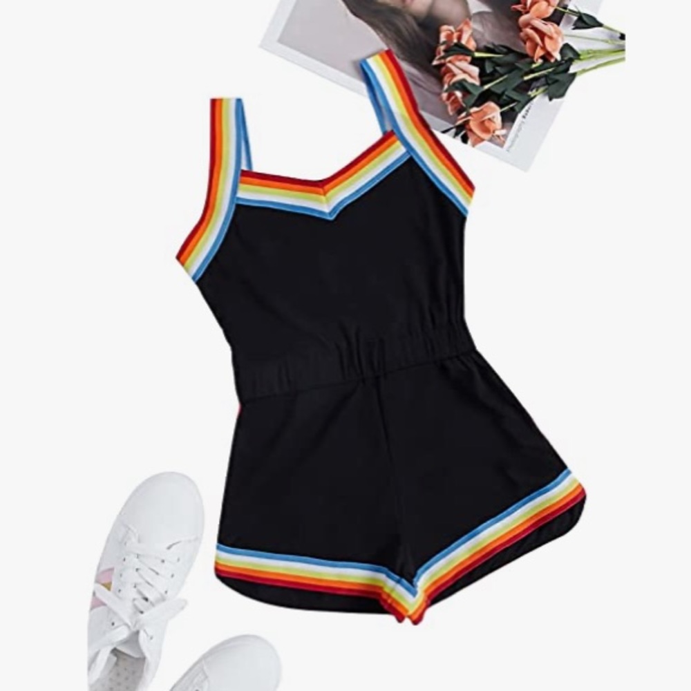 One piece girls jumpsuit, rainbow shorts, new no tags
